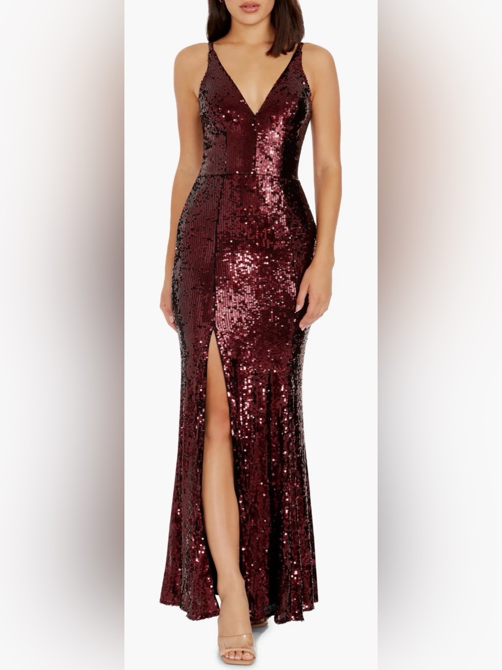 NWOT Dress the Population port burgundy Iris sequins Dress slit gown sz L